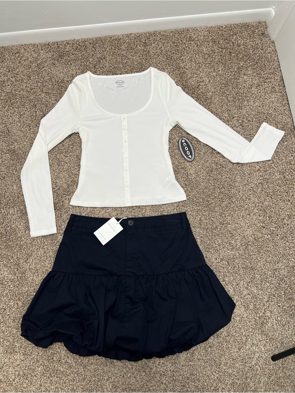 Navy Mini Skirt & White Ribbed Button Crop Set